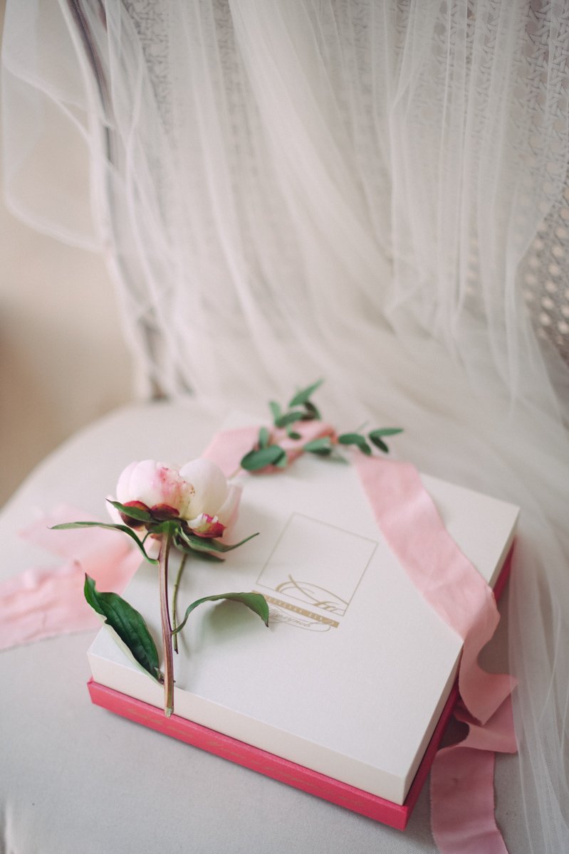 Коробка с свадебными туфлями невесты и фата
